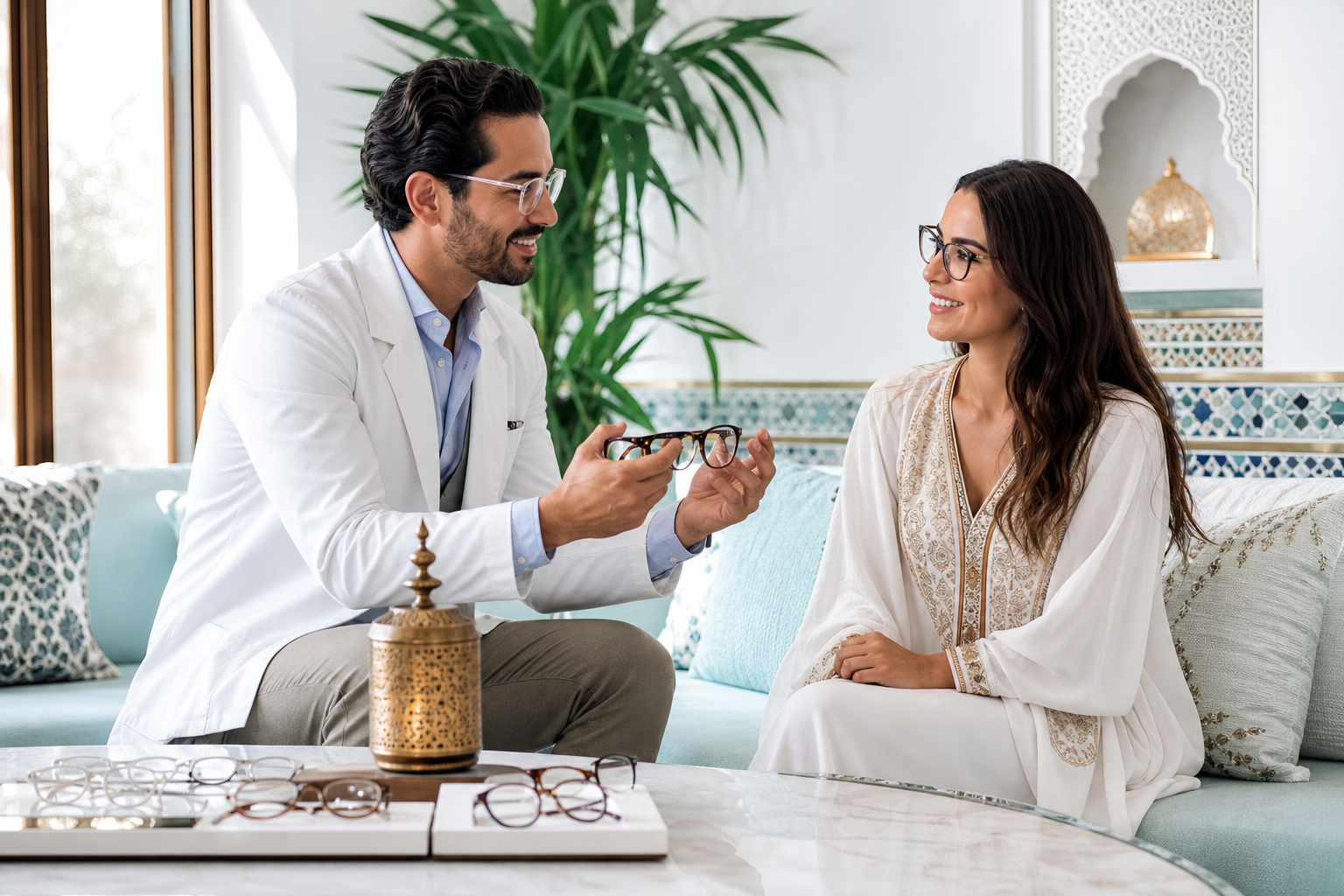 Opticien professionnel présentant des lunettes à un client dans un salon marocain lumineux