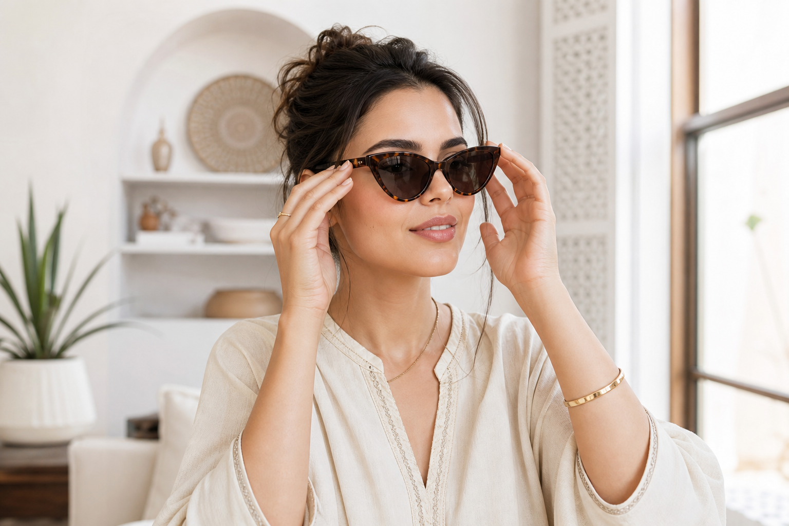 Femme essayant des lunettes solaires cat-eye près d’une fenêtre lumineuse