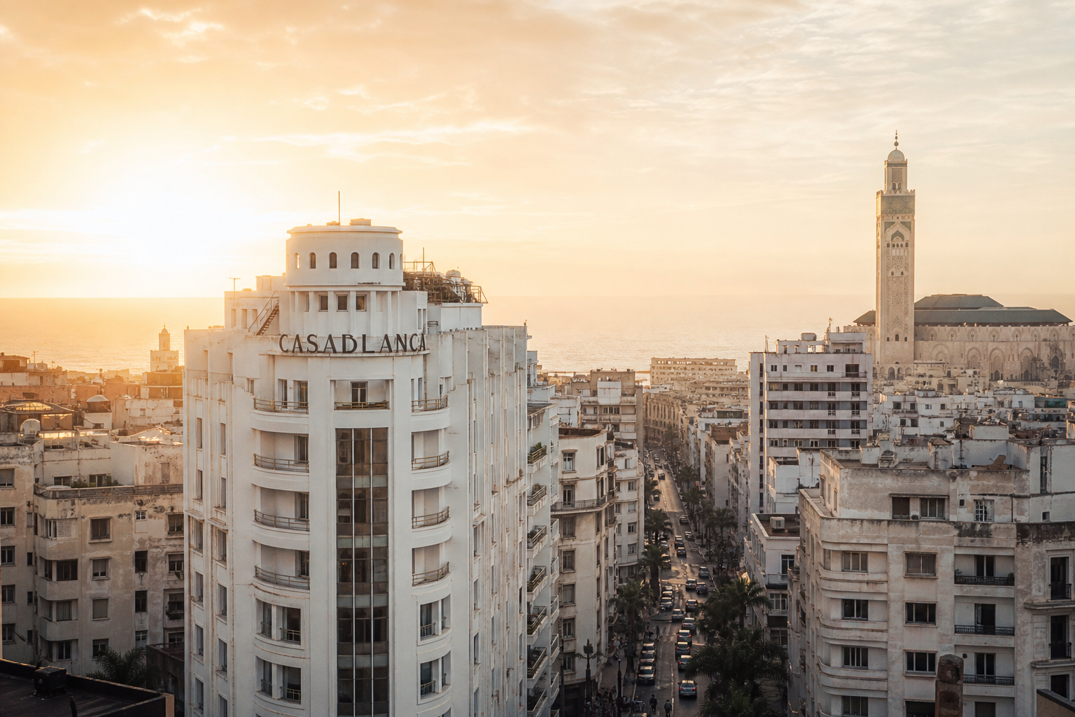 Casablanca à l’heure dorée, bâtiments blancs art déco